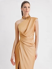 cheap YELLOW-Sheath Evening Gown Elegant Dress Formal Floor Length Sleeveless One Shoulder Pocket Satin with Appliques dress to impress