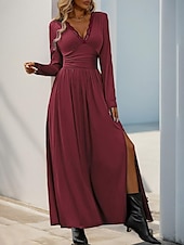 ieftine rochie maxi neagra-Pentru femei Rochie neagra Rochie Maxi Dantelă Zdrobit Dată Casual În V Manșon Lung Negru Roșu-aprins Albastru piscină Culoare