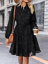 economico vestito nero midi-Per donna Abito semplice Vestito longuette Pizzo Pulsante Vintage Informale Colletto Manica lunga Nero Bianco Verde Colore