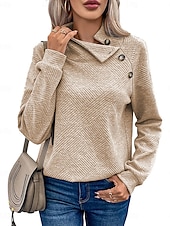 billige Teksturert hettegensere og sweatshirt-designergenser for kvinner mote moderne ensfarget jobb med turtleneck knapper løs passform langermet svart beige grå høst vinter
