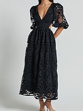 abordables Robes en dentelle blanche-Femmes Mini Robe Robe Blanche Robe trapèze Robe bohème Élégant Manches bouffantes robe demoiselle d honneur Date Coupe régulière Couleur Unie Uni Demi Manches Col en V Noir Blanche Jaune Bleu Été