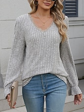 billige Kvinne Enkle Topper-damebluse stilig moderne ensfarget blonder patchwork klokkeermet lange ermer vanlige topper v-halsarbeid daglig rød blå lys grå høst vinter
