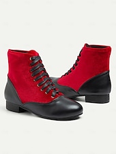 tanie Buty vintage-damskie wiktoriańskie botki sznurowane w kolorze czerwonym i czarnym z kontrastowym zamszem i skórą - buty na płaskim obcasie inspirowane stylem vintage na cosplay i formalne imprezy