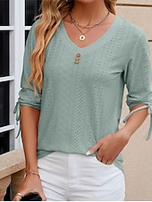 billige Blonder topper-Kvinne Hvit Elegant Blonde Topper Øyelet Bluse Stilig Moderne Ensfarget Knapper Øyelet 3/4 Lengde Ermer V-Utforming Daglig Romantisk Petit Topper Sommerferie Antrekk Hvit Rosa Lilla Grønn Sommer Vår