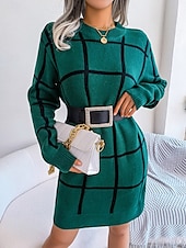 baratos Vestidos de malha-Mulheres Suéter Elegante Moda Geométrica Gola Redonda Imprimir Manga Longa Tops regulares Tricotar Trabalho Diário Amarelo Verde Outono Inverno