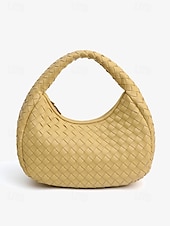 cheap Handbag &amp; Totes-Elegant Women&#039;s Ivory Woven Leather Hobo Bag – Chic Round Handle Purse Perfect for Day to Night Outfits