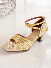 economico Scarpe per balli latini-scarpe da ballo latino da donna con brillantini dorati, lacci e cinturini incrociati - eleganti calzature da ballo da sala