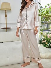 voordelige Nachtkleding voor dames-dames pyjama sets pure kleur mode comfort thuis dagelijks bed imitatie zijde zijde ademend revers lange mouw shirt broek knoop zak herfst thuis outfits