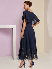 preiswerte Bodenlänge-A-Linien Kleid für die Mutter der Braut Formal Hochzeitsgast Eleganter V-Ausschnitt Tee-Länge Chiffon Spitze Kurzarm mit Applikationen Kristallbrosche 2025 kostenlose Maßanfertigung