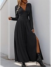 ieftine rochie maxi neagra-Pentru femei Rochie neagra Rochie Maxi Dantelă Zdrobit Dată Casual În V Manșon Lung Negru Roșu-aprins Albastru piscină Culoare