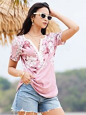 cheap Floral tee-Women&#039;s T Shirt Henley Shirt Floral Vintage Tunic Short Sleeve V Neck Regular Tops Casual Daily Print Red Green Gray