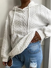 baratos Moletons e Sweatshirts Texturizados-moletom feminino com capuz, moda simples, trabalho, uso diário, casual, com capuz, patchwork, ajuste solto, manga comprida, preto, branco, cáqui, cinza, outono, inverno