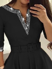 cheap Midi Black Dress-Women&#039;s Work Dress Black Dress Fashion Office Midi Dress Sequin V Neck 3/4 Length Sleeve Plain Loose Fit Black Summer Spring S M L XL