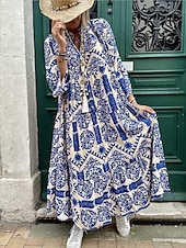 levne Boho šaty-Dámské Maxi šaty Boho šaty Elegantní stylové Dovolená Denní Běžný Grafika Dlouhý rukáv Košilový límec Rubínově červená Vodní modrá Trávová zelená Léto Jaro Podzim