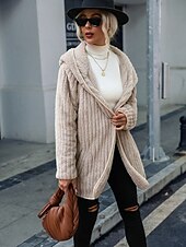 cheap Sherpa Jackets-Women&#039;s Sherpa Jacket Teddy Coat Warm Zipper Pocket Fashion Casual Plain Work Open Front Turndown Loose Fit Long Sleeve Outerwear Black Red Gray Fall Winter