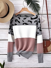 billige Grafiske mønstre og detaljer-Dame Genser Pullover genser Uformell genser Fritid Myk Leopard Stripet Riflet V-hals Strikket Langermet Vanlige topper Strikke utendørs Daglig Helg Rosa Høst Vinter