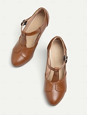 billige Pumps med blokkhæl-Dame Høye hæler Høyhælte Pen sko Mary Jane Store størrelser Avslappet Daglig Helfarge Ensfarget Spenne Tykk hæl Årgang Retro Rød Fritid Gange PU Lær PU T-stropp Svart Gul Rød