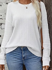 cheap Textured Hoodies &amp; Sweatshirts-Women&#039;s Pullover Elegant Fashion Plain Work Dailywear Casual Crew Neck Buttons Long Sleeve White Fall Winter