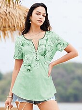 cheap Floral tee-Women&#039;s T Shirt Henley Shirt Floral Vintage Tunic Short Sleeve V Neck Regular Tops Casual Daily Print Red Green Gray