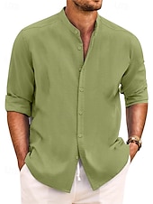 economico Classico-Per uomo Camicia Camicia con colletto a fascia Camicia estiva Abbigliamento mare Maglietta informale Camicia con bottoni Liscio Da mare Informale Nero Bianco Rosa Verde Manica lunga A fascia