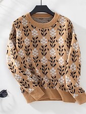 billige Grafiske mønstre og detaljer-Dame Genser Fritid Blomstret Grafisk Crew-hals Crewneck Langermet Lange topper Strikke Arbeid Kakifarget Høst Vinter