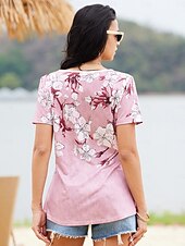 cheap Floral tee-Women&#039;s T Shirt Henley Shirt Floral Vintage Tunic Short Sleeve V Neck Regular Tops Casual Daily Print Red Green Gray