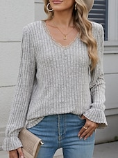 billige Kvinne Enkle Topper-damebluse stilig moderne ensfarget blonder patchwork klokkeermet lange ermer vanlige topper v-halsarbeid daglig rød blå lys grå høst vinter