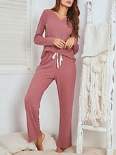 abordables Conjuntos de dos piezas-Conjunto de pijama para mujer, ropa de estar por casa, de punto gofre, informal, cómodo, para el hogar, para la cama, transpirable, con escote en V, manga corta, pantalón, primavera, otoño, negro,