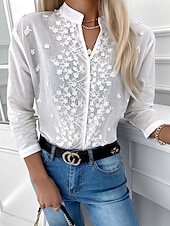 abordables Hauts en dentelle-Blouses Éléguantes en Dentelle Blanche pour Femmes Top en Dentelle à Oeillets Stylé Moderne Couleur Unie Manches Longues Col Montant Brodé Découpé Ajustement Normal Travail Quotidien Romantique