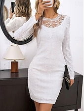 economico Abiti in pizzo bianco-Per donna Abito semplice Mini abito Pizzo Collage Informale Girocollo Manica lunga Bianco Colore