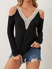 economico Top in Pizzo-camicetta da donna elegante moderna con taglio a maniche lunghe regolare top scollo a V lavoro quotidiano nero bianco primavera autunno