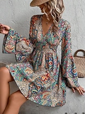levne Boho šaty-Dámské Mini šaty Volnočasové šaty Boho šaty Elegantní Rozšířený rukáv Dovolená Denní Rande Volný Grafika Dlouhý rukáv Do V Colourful Jaro Podzim