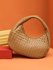 cheap Handbag &amp; Totes-Elegant Women&#039;s Ivory Woven Leather Hobo Bag – Chic Round Handle Purse Perfect for Day to Night Outfits