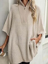 preiswerte Einfarbige Farben-Damen Pullover Brautkleider schlicht Feste Farbe Troyer Halber Reißverschluss Zip Halbe Ärmel Lange Oberteile Stricken Täglich Schwarz Beige Herbst Winter