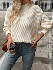 abordables Couleurs unies-Femme Pull Chandail Décontractées Flexible Couleur unie Col montant Texturé manche longue Hauts réguliers Tricoter Extérieur Travail du quotidien Noir Blanche Automne Hiver