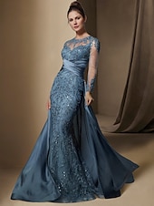 economico BLU-Abito da festa sirena Madre della Sposa Abito Ospite di matrimonio Elegante Collo gioiello Treno a strascico  spazzola Stretch raso Manica lunga con pizzo paillettes arricciato per impressionare 2025