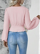 billige Dressy topper-Dame Bluse Helfarge Stilfull Moderne Langermet Klokke V-hals Arbeid Daglig Rynket Svart Hvit Rosa Grønn Vår Høst Vinter