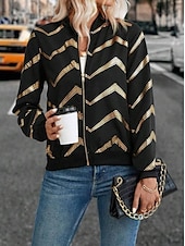cheap Blazers &amp; Suits-Women&#039;s Jacket Dailywear Zipper Geometric Windproof Vintage Regular Fit Outerwear Long Sleeve Spring Black S