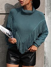 Women's Sweater Pullover Sweater Jumper Casual Sweater Casual Soft Solid Color Ribbed V Neck Tassel Knitted Long Sleeve Regular Tops Knit Outdoor Daily Weekend Blue Khaki Fall Winter 11