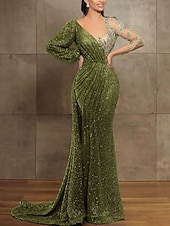 preiswerte GELB-Mermaid Pailletten Abendkleid Elegantes Kleid Formal Hof Zug Langarm Illusionskragen mit Falten Maskeradenkleid