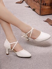 abordables Chaussures de danses latines-chaussures de danse en similicuir blanc avec bride croisée et boucle – talons de danse de salon et latine pour femmes