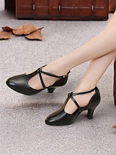 economico Scarpe per balli latini-scarpe da ballo in similpelle nera con cinturino incrociato – comode scarpe col tacco da ballo latino e da sala da ballo da donna