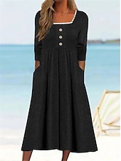 preiswerte Kleider für die Ferien-Damen Casual kleid Midikleid Patchwork Taste Urlaub Strassenmode Basic Quadratischer Ausschnitt 3/4 Ärmel Schwarz Weiß Wein Farbe