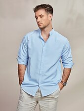 preiswerte Herren Elite Hemden-Herren Hemd Hemd mit Stehkragen Sommerhemd Strandbekleidung Knopfhemd Lässiges Hemd Blau Langarm Gestreift Ständer Hawaiianisch Festtage Bedruckt Bekleidung Baumwollmischung Modisch Klassisch