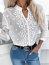 abordables Hauts en dentelle-Blouses Éléguantes en Dentelle Blanche pour Femmes Top en Dentelle à Oeillets Stylé Moderne Couleur Unie Manches Longues Col Montant Brodé Découpé Ajustement Normal Travail Quotidien Romantique