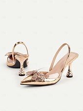 economico Formale-scarpe col tacco da donna con cinturino posteriore trapuntato in oro e dettaglio fiocco - lussuoso design a punta per un elegante abbigliamento da sera