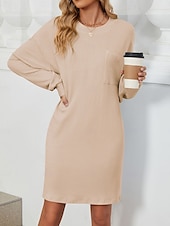 billiga midi svart klänning-Dam Arbetsklänning Skiftklänning Mode Kontor Mini klänning Ficka Rund hals Långärmad Slät Lös passning Svart Rodnande Rosa Himmelsblå Sommar Vår S M L XL 2XL