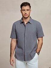 preiswerte Herren Elite Hemden-Herren Hemd leinenhemd Sommerhemd Lässiges Hemd Strandhemd Glatt Casual Täglich Dunkelgray Kurzarm Kargen Sommer Bekleidung
