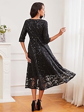 abordables robe longue noire-robe noire Robe unie Femme Robe mi-longue Maille Plein Air Rendez-vous Décontractées Col Ras du Cou Manches 3/4 Ample Noir S M L XL 2XL