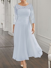 voordelige Vloerlengte-Strand Bruiloft A-Lijn Moeder van de Bruid Jurk Bruiloft Gast Elegante Juweel Hals Enkel Lengte Chiffon Kant 3/4 Lange Mouw met Pailletten Ruching 2025 gratis op maat gemaakt